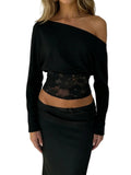 Off-Shoulder Lace Patchwork Top – Batwing Sleeve Solid Color Blouse for Women