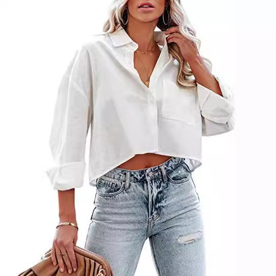 Women’s Chic Cropped Button-Up Shirt – Long Sleeve Casual Outerwear