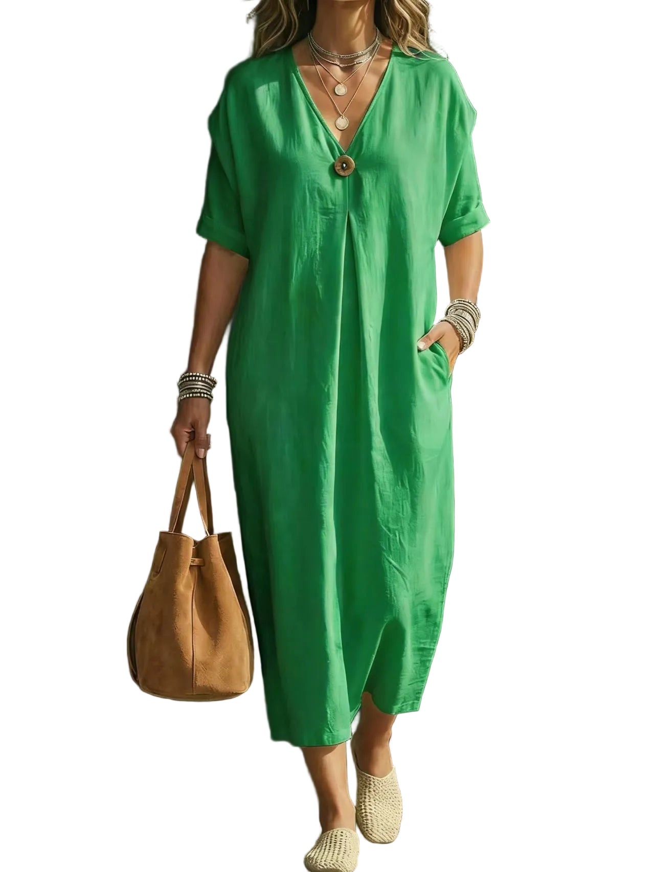 V-Neck Button Dress – Short Sleeve Casual Dress for Women