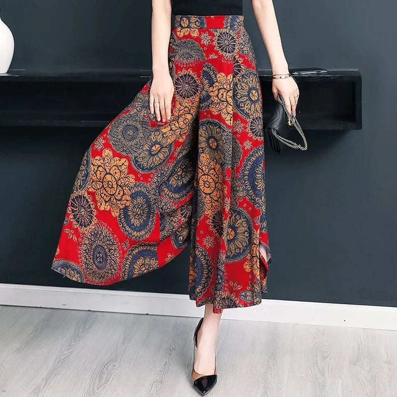 Summer Wide Leg Pants Women High Quality Loose Bohemian High Waist Skirt Pants Summer Vintage Trousers Women Bottoms