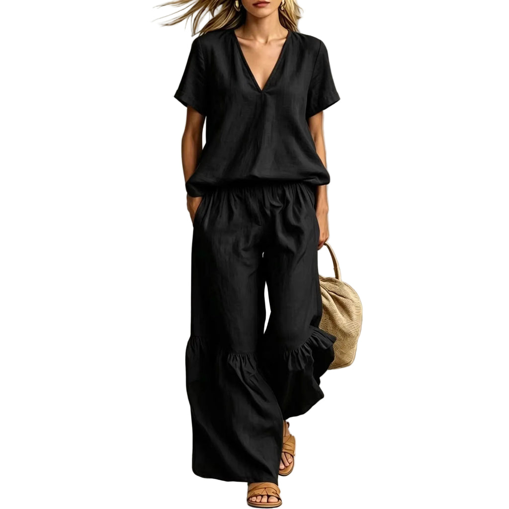 Casual V-Neck 2 Piece Set – Loose Top & Pants for Women