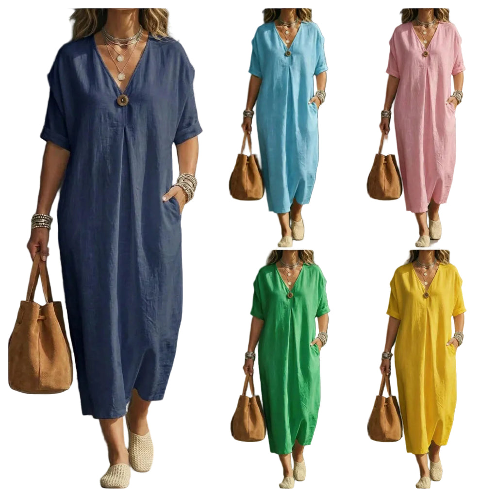 V-Neck Button Dress – Short Sleeve Casual Dress for Women