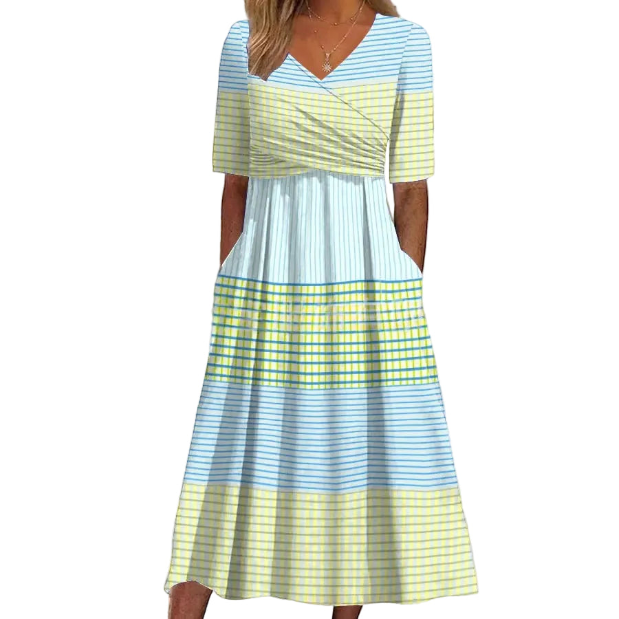 V-Neck Belted Maxi Dress – Short Sleeve Dress with Pockets for Women