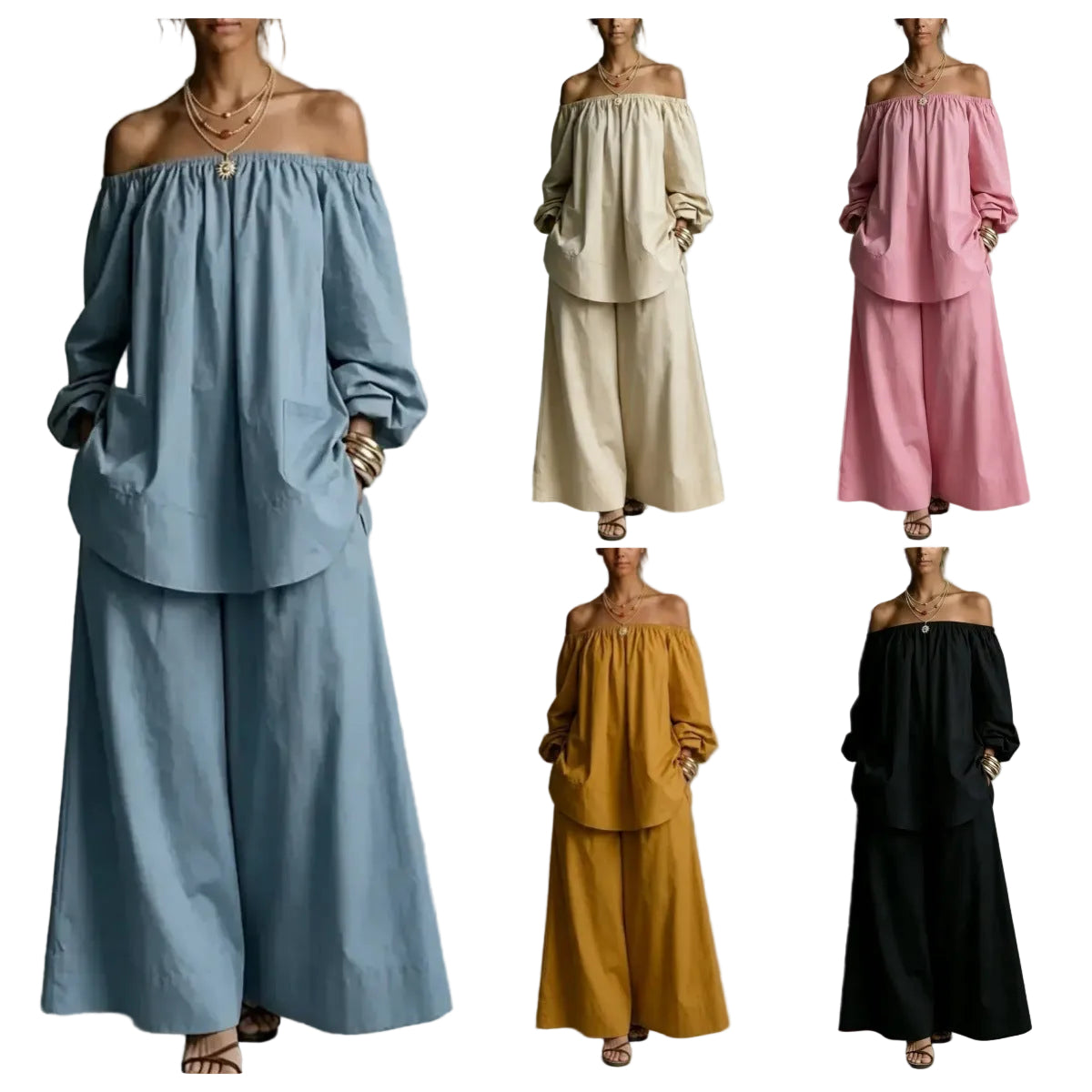 Off-Shoulder Women’s Cotton & Linen Wide-Leg Pants Set