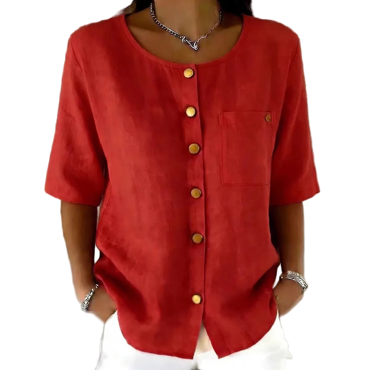 Crew-Neck Shirt with Metal Buttons – Three-Quarter Sleeve Top for Women