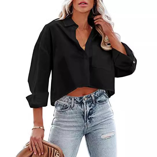 Women’s Chic Cropped Button-Up Shirt – Long Sleeve Casual Outerwear