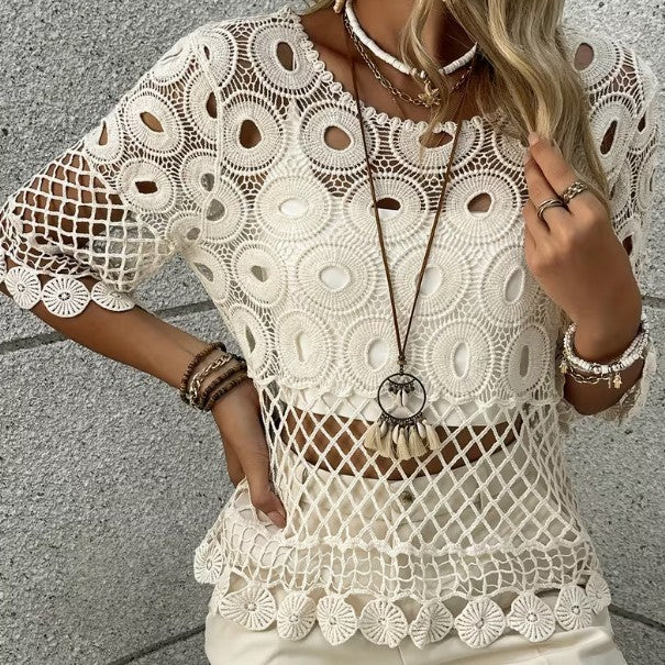 Resort-Style Crochet Top – Hollow-Out Crew Neck Sun-Protective Blouse for Women
