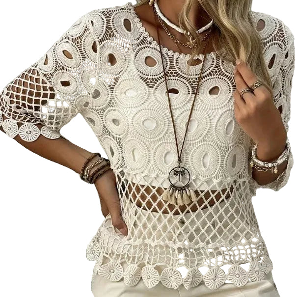 Resort-Style Crochet Top – Hollow-Out Crew Neck Sun-Protective Blouse for Women