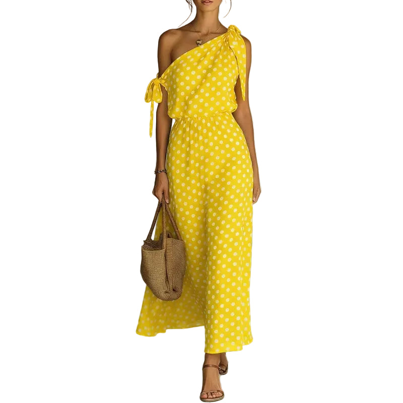 Polka Dot One-Shoulder Dress – Off-Shoulder Elegant Dress for Women