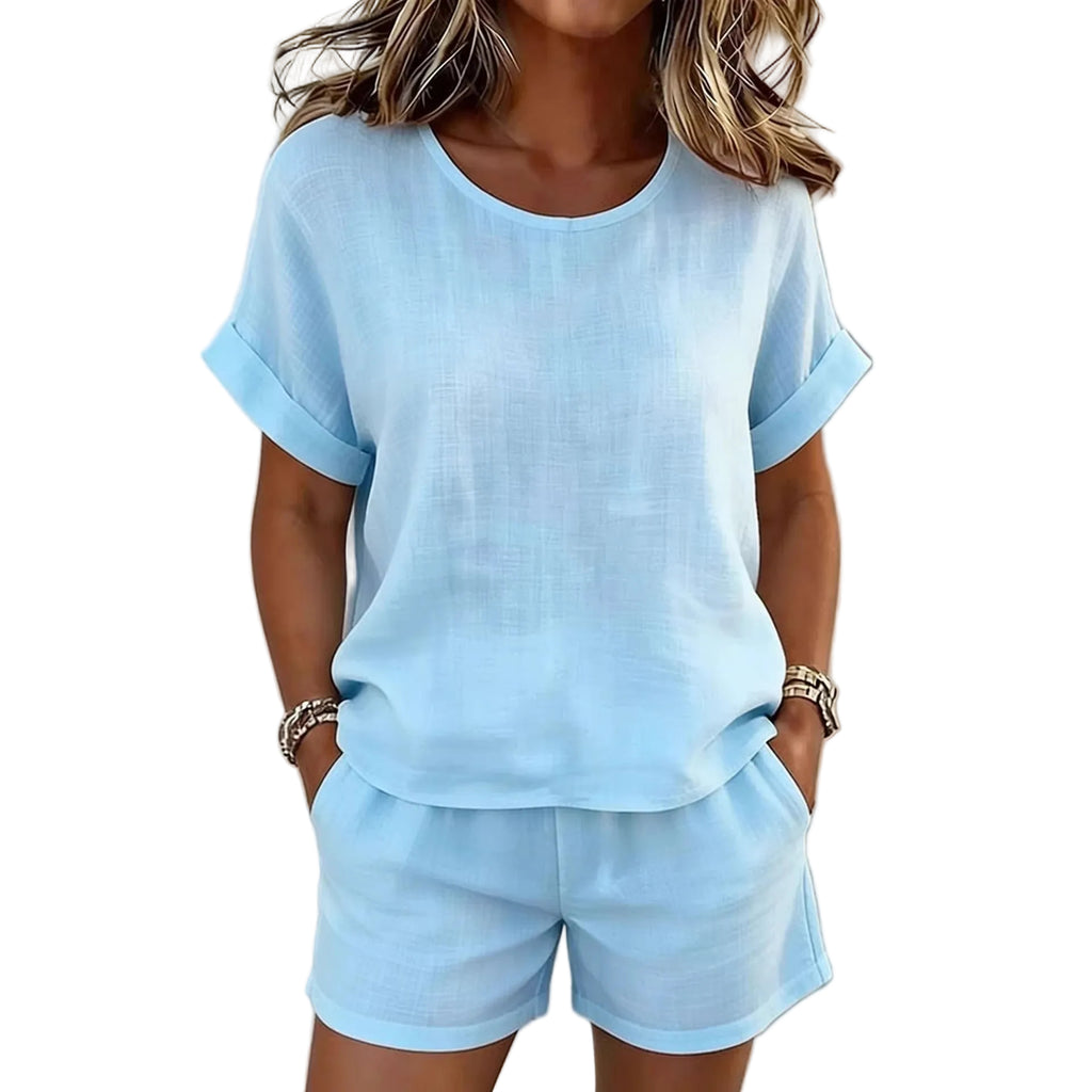 Casual 2 Piece Shorts Set – Round Neck Short Sleeve Outfit for Women